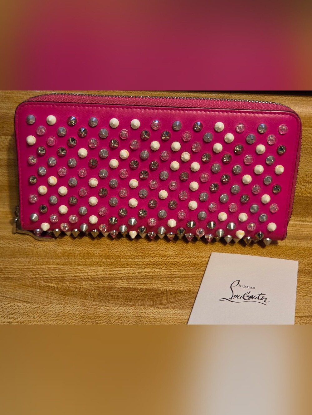 Christian Louboutin Like New Pink Studded Pannetone Long Zip Wallet